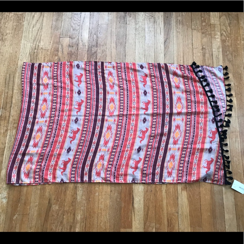 NWT Red Horse Scarf w/ Pom Pom Fringe